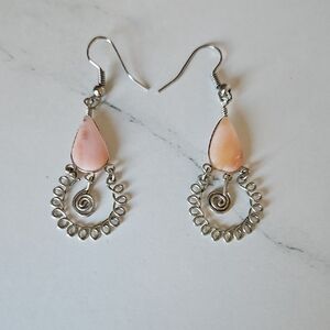 Pink Teardrop Silver Filigree Dangle Earrings - Unbranded